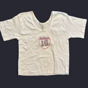 Y2K Bush Band Baby Tee White Pink Medium
